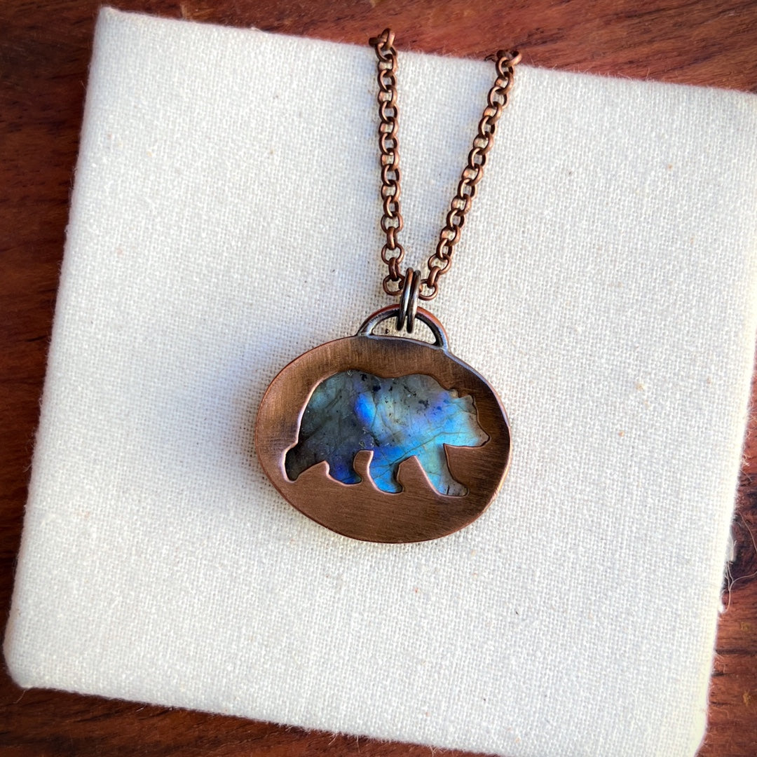Bear silhouette necklace, labradorite and copper Jade Leigh Jewellery