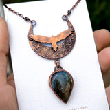 Wedge tailed eagle moon necklace, copper & labradorite