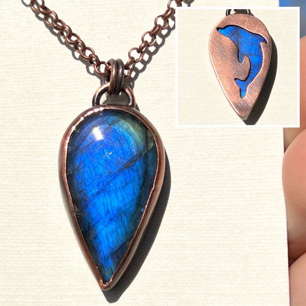 Dolphin spirit animal necklace, copper and labradorite
