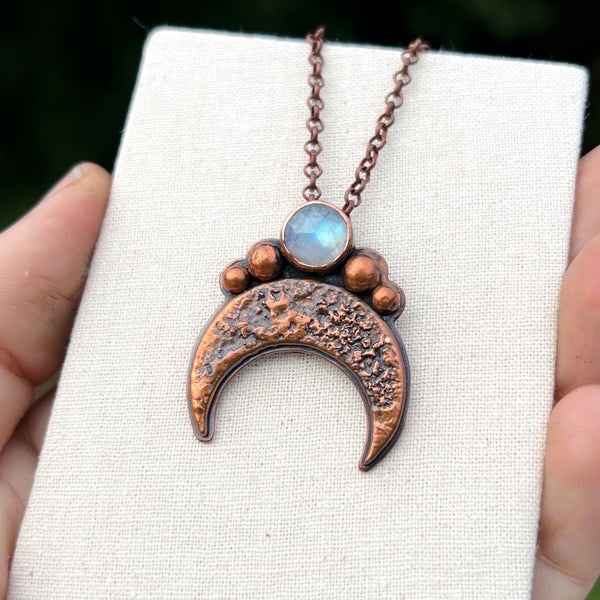 Crescent moon moonstone pendant, copper
