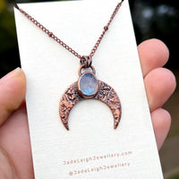 Crescent moon moonstone pendant, copper