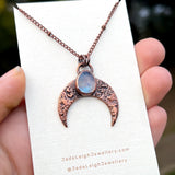 Crescent moon moonstone pendant, copper
