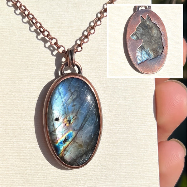 Wolf spirit animal necklace, copper and labradorite