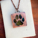 Dog paw print silhouette necklace, labradorite and copper
