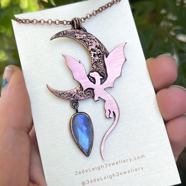 Copper dragon moon pendant with moonstone