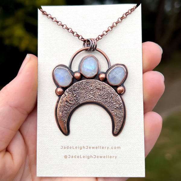 Crescent moon moonstone pendant, copper