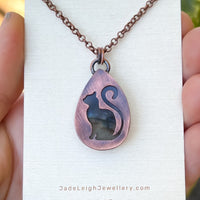 Cat silhouette necklace, labradorite and copper