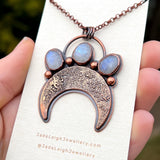 Crescent moon moonstone pendant, copper