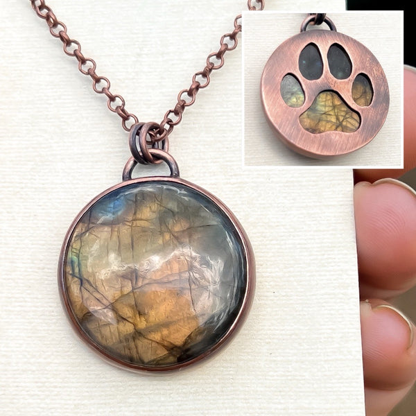 Dog paw print silhouette necklace, labradorite and copper