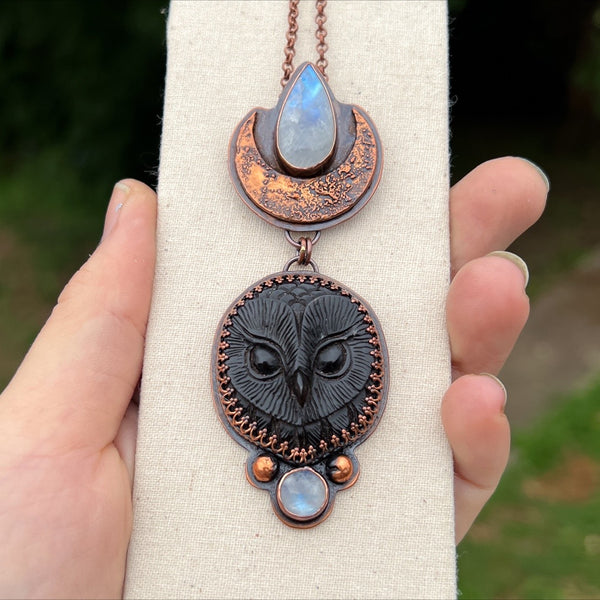 Lunar owl talisman pendant, copper