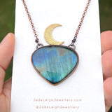 Copper labradorite dragon crescent moon pendant