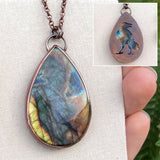 Raven / Crow spirit animal necklace, copper and labradorite