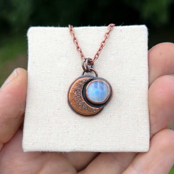 Mini crescent moon moonstone pendant, copper