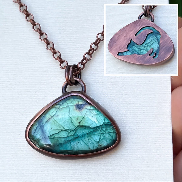 Cat stretching silhouette necklace, labradorite and copper