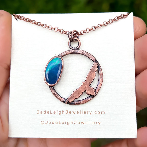 Wedge tailed eagle pendant, copper & opal doublet