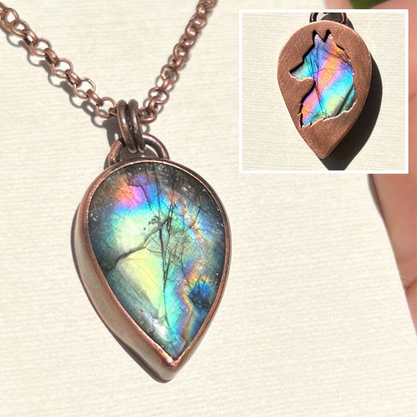 Wolf spirit animal necklace, copper and labradorite