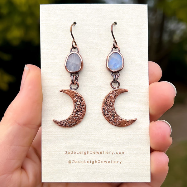 Crescent moon moonstone earrings, copper