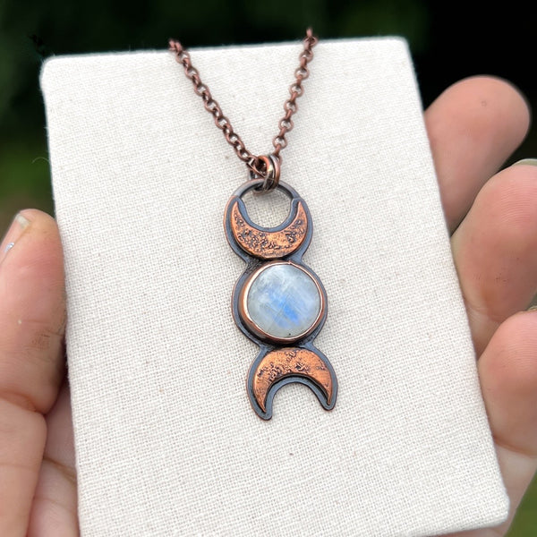 Triple moon goddess moonstone pendant, copper