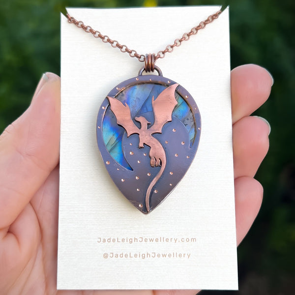 Copper labradorite dragon pendant