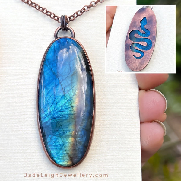 Snake silhouette necklace, labradorite and copper