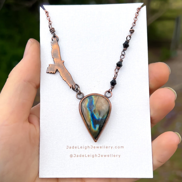 Wedge tailed eagle necklace, copper & labradorite