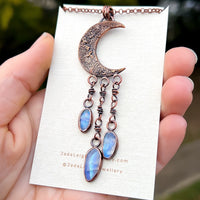 Crescent moon moonstone pendant, copper