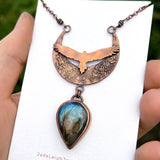 Wedge tailed eagle moon necklace, copper & labradorite
