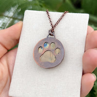 Cat paw print silhouette necklace, labradorite and copper