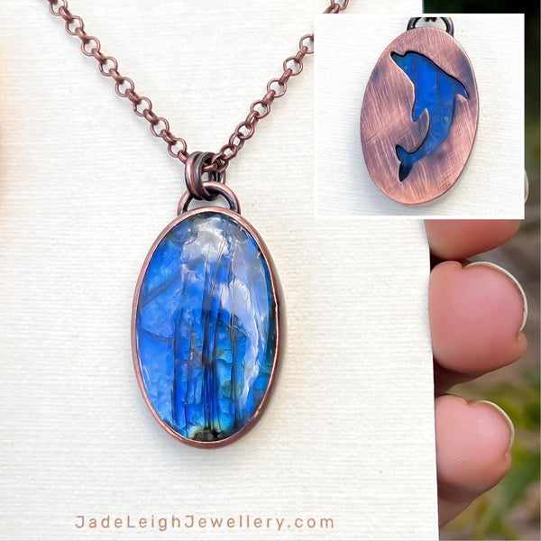 Dolphin spirit animal necklace, copper and labradorite