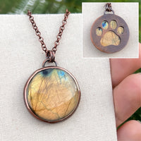 Cat paw print silhouette necklace, labradorite and copper