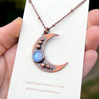 Crescent moon moonstone pendant, copper