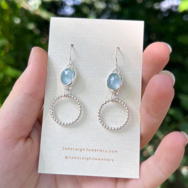Aquamarine beaded hoop earrings