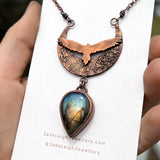 Wedge tailed eagle moon necklace, copper & labradorite