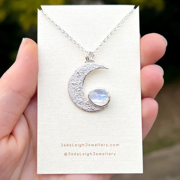 Moonstone textured crescent moon pendant