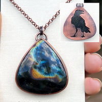 Raven / Crow spirit animal necklace, copper and labradorite