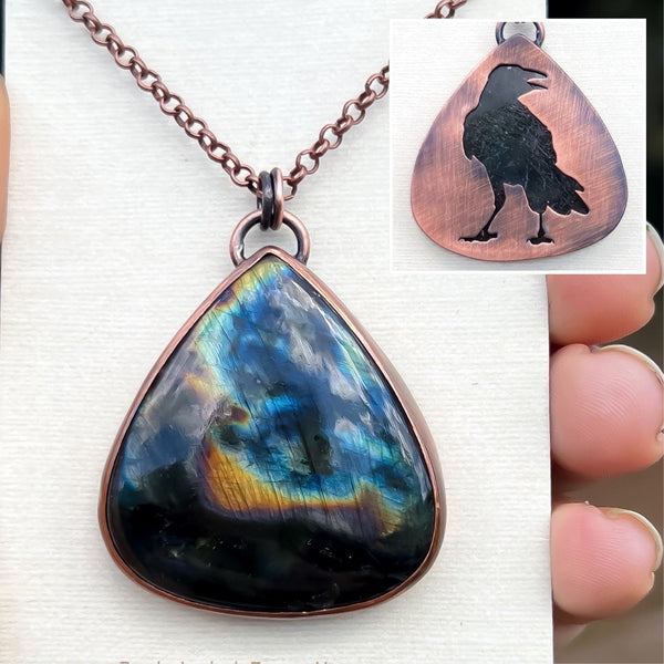 Raven / Crow spirit animal necklace, copper and labradorite