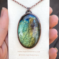 Copper labradorite dragon mountains pendant