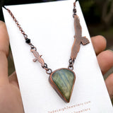 Wedge tailed eagle and crow necklace, copper & labradorite