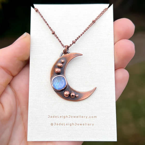 Crescent moon moonstone pendant, copper