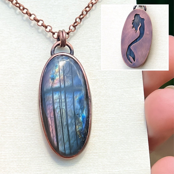 Mermaid silhouette necklace, labradorite and copper