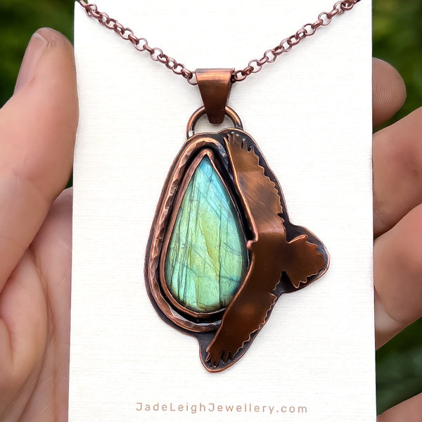 Wedge tailed eagle pendant, copper & labradorite