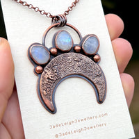 Crescent moon moonstone pendant, copper