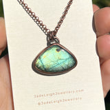 Cat stretching silhouette necklace, labradorite and copper
