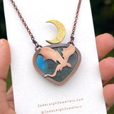 Copper labradorite dragon crescent moon pendant