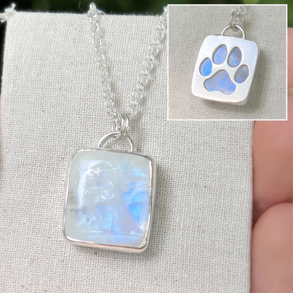 Dog paw necklace, moonstone and sterling silver