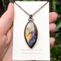 Feather silhouette necklace, labradorite and copper