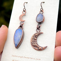 Crescent moon moonstone earrings, copper