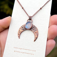 Crescent moon moonstone pendant, copper