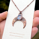 Crescent moon moonstone pendant, copper
