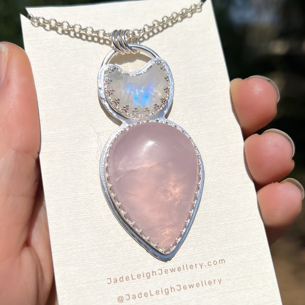 Crescent moonstone and rose quartz pendant